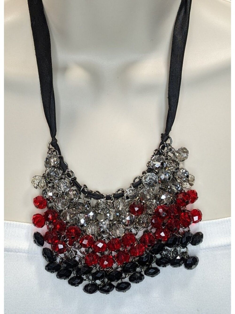 Handmade Sparkly Glass Bib Necklace Black Red Silver Glam Goth